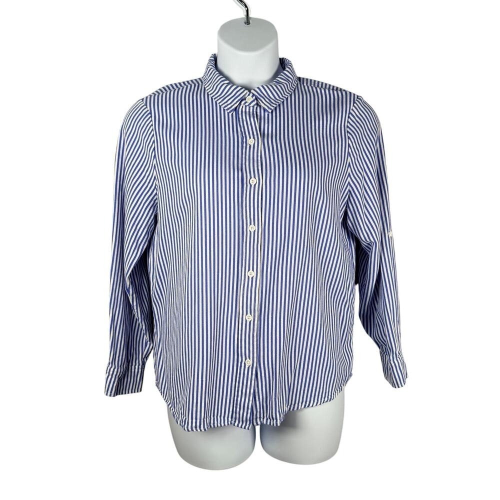 Blue‎ Sol Button Up Shirt L Striped Linen Rayon 3/4 Roll Tab Nautical Coastal